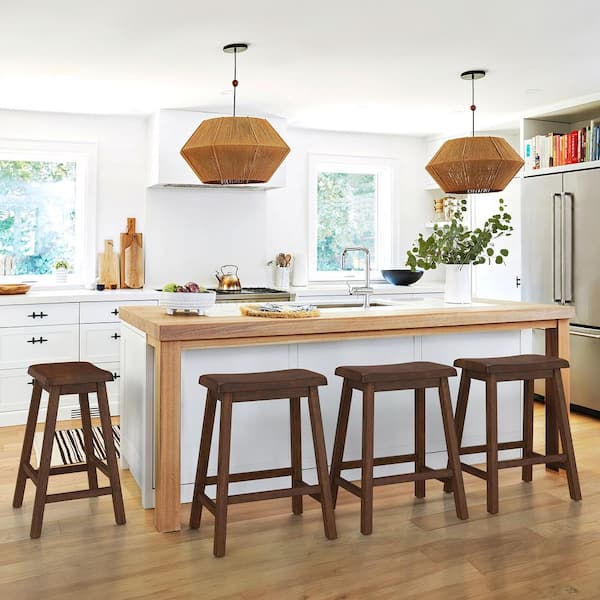OrangeOne 24 in. Deep Walnut Wood Backless Saddle Counter Stool, Bar Stool (Set of 4)