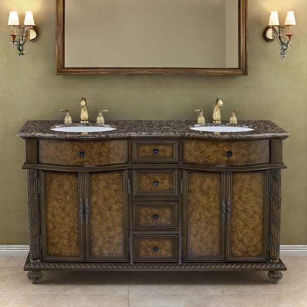 HBEZON 60 in. W x 22 in. D x 36 in. H Brown Bath Vanity with Double Sink and Brown Granite Vanity Top, Ample storage