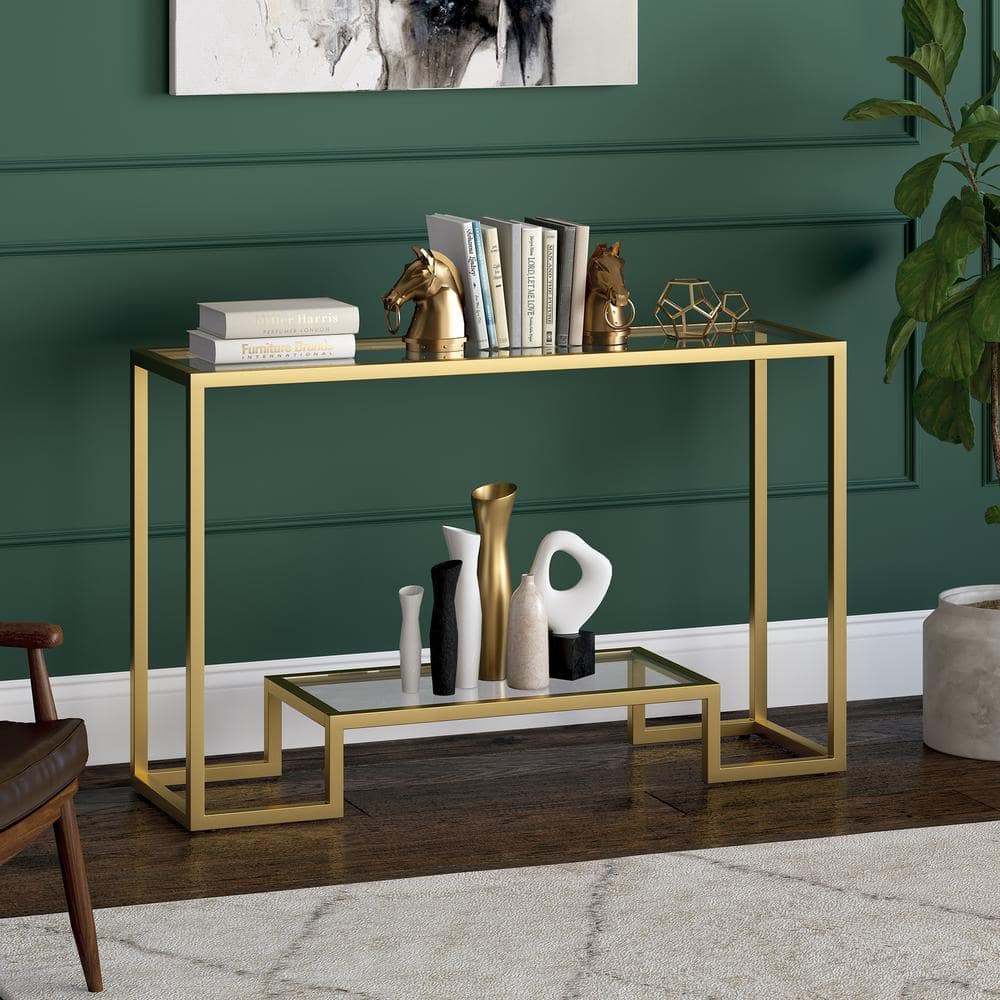 Athena Gold Metal & Glass Rectangular Console Table with Storage Shelf