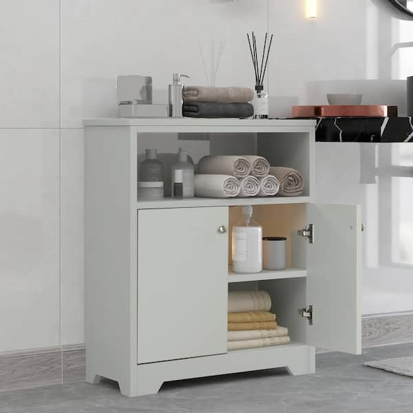 J&E Home Gray Freestanding Floor Cabinet Bathroom Storage Cabinet with Adjustable Shelves for Home Kitchen