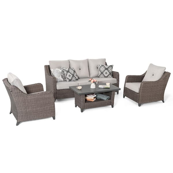 Brown 4-Piece Wicker Outdoor Patio Deep Seating Set Conversation Sofa Set with Grey Cushions