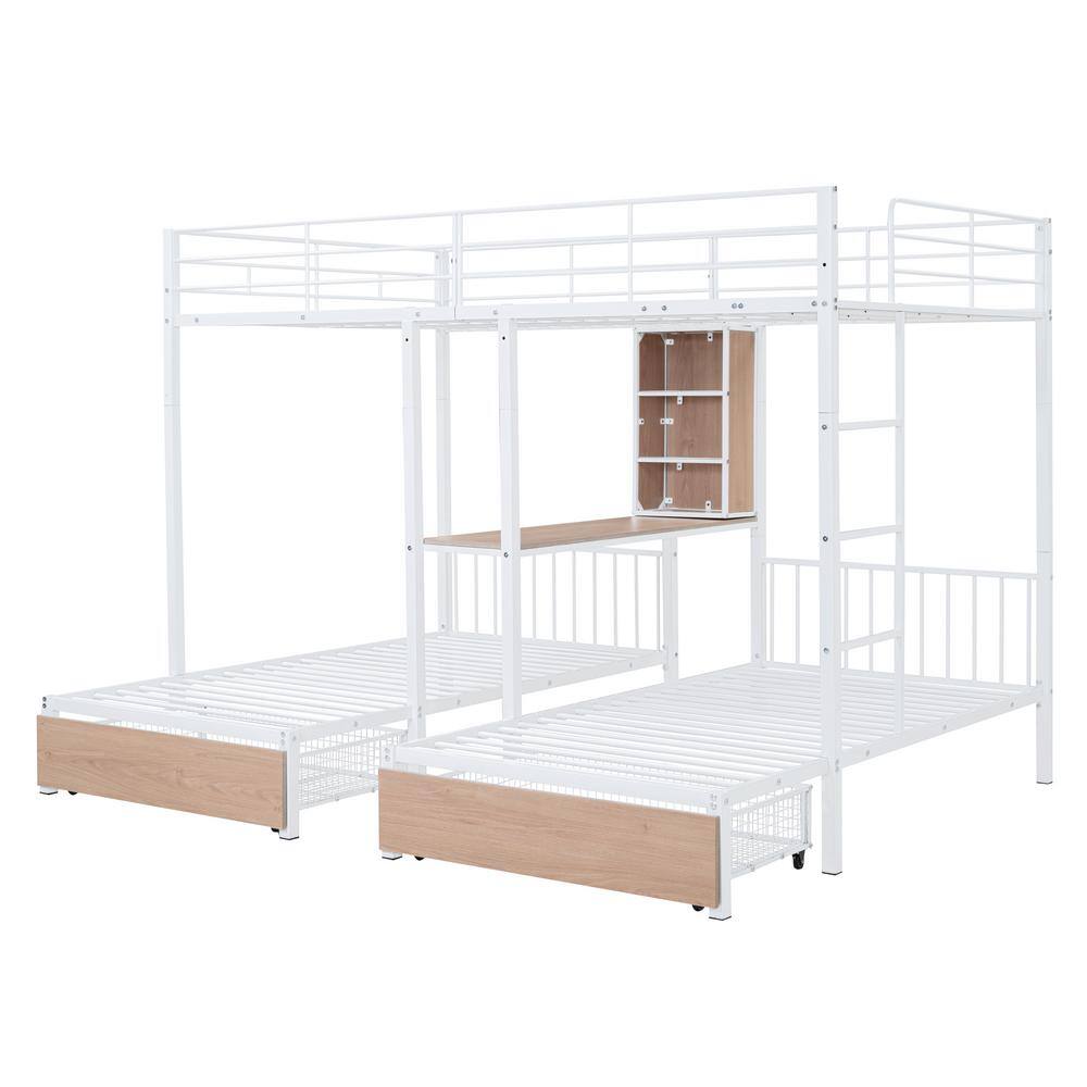 White Metal Triple Bunk Bed with Storage Drawers and Desk