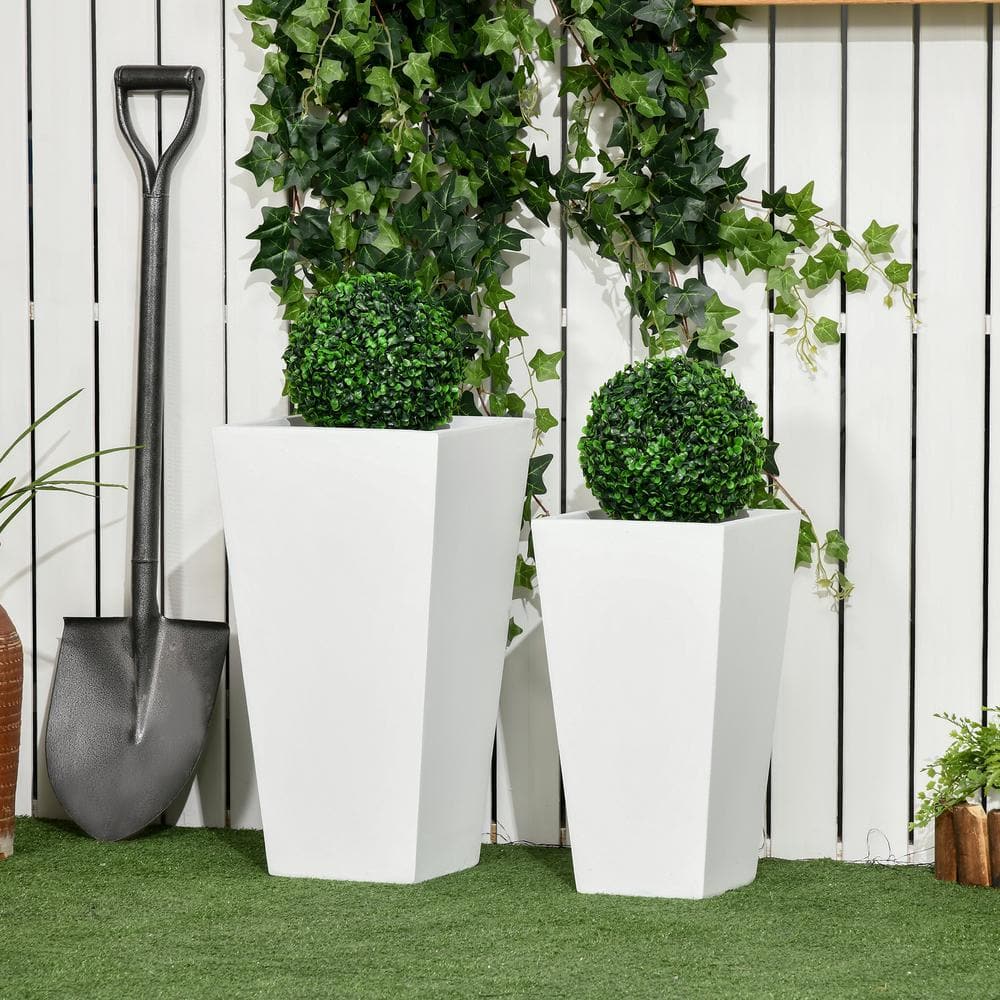White MgO Tall Outdoor Planters with Drainage Holes, Set of 2