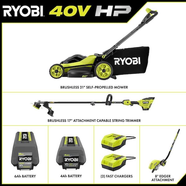 40V HP Brushless 20 in. Walk Behind Self-Propelled Mower, 17 in String Trimmer/Edger with (2) Batteries and (2) Chargers