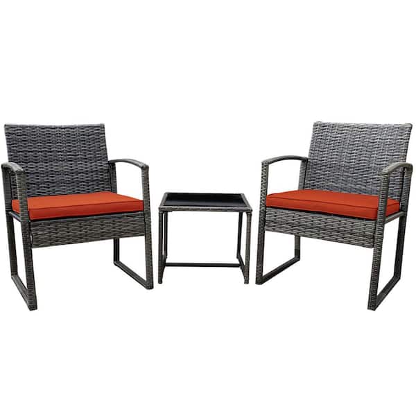 Pyramid Home Decor Vesso 3-Piece Wicker Rattan Outdoor Patio Furniture Modern Bistro Set with Coffee Table with Orange Cushion