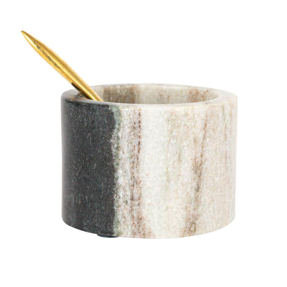 Black and White Marble Salt Cellar with Brass Spoon Set