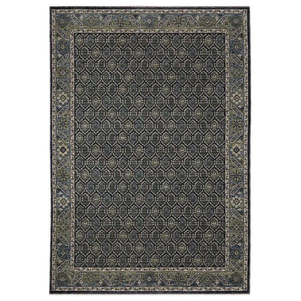 Elanor Blue/Green 10 ft. x 13 ft. Geometric Floral Border Polyester Fringe-Edge Indoor Area Rug