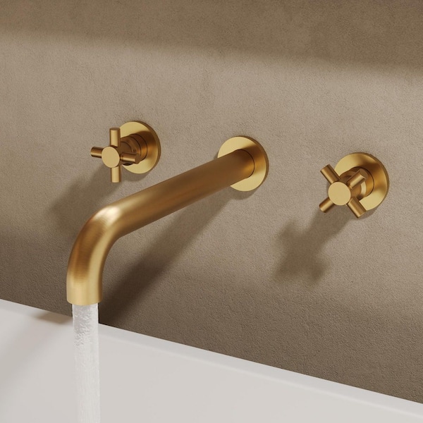 11 in. Long Spout Double-Handle Wall Mount Roman Tub Faucet 6.74 GPM with Spot Resistant in Brushed Gold Valve Included