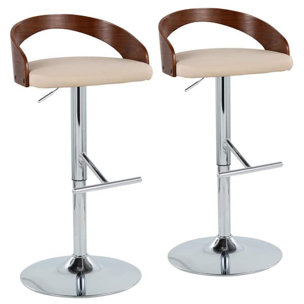 Lumisource Grotto 32.25 in. Cream Faux Leather, Walnut Wood and Chrome Metal Adjustable Bar Stool (Set of 2)