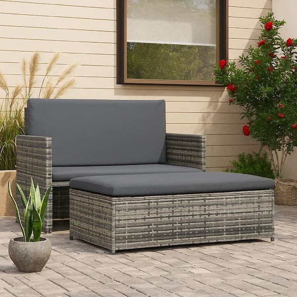 Feya Gray Steel Metal 2-Piece Outdoor Sectional Sofa and Ottoman Set with Gray Cushion