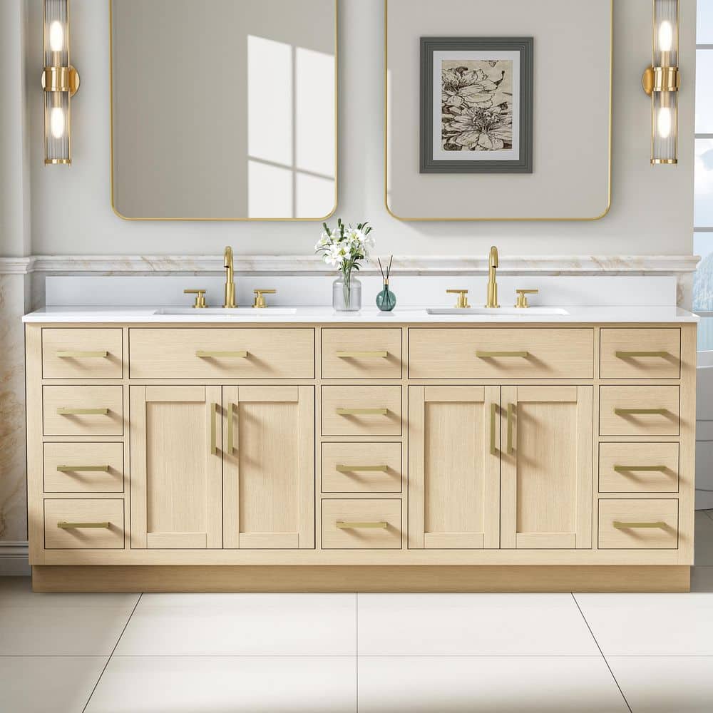ANGELES HOME 84 in. Freestanding Solid Wood Oak Bath Vanity with