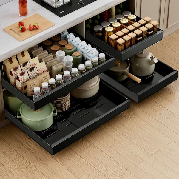 21 in. 4-Pack Expandable Pull Out Cabinet Organizer, 3 Slide Rails Sliding Drawer for Kitchen Cabinet Organizer (Black)