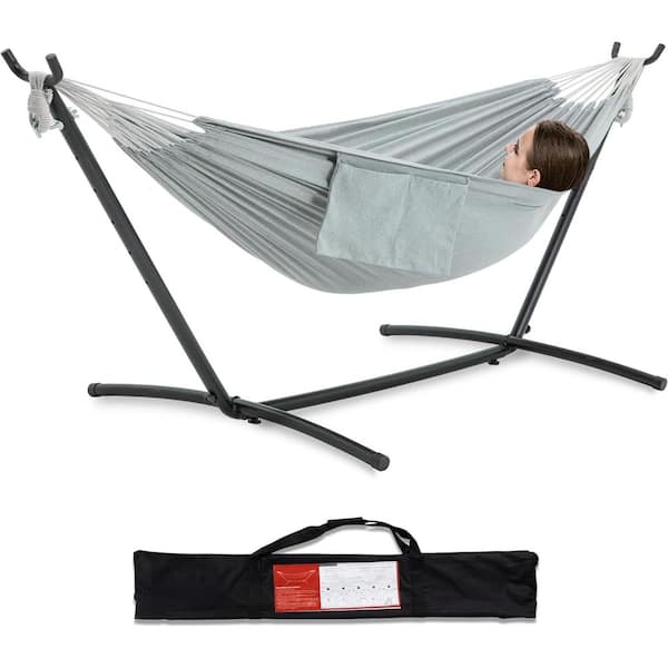 Unbranded 9 ft. 2-Person Heavy Duty Double Hammock with Space Saving Steel Stand, 450 lbs. Capacity and Carrying Bag in Gray