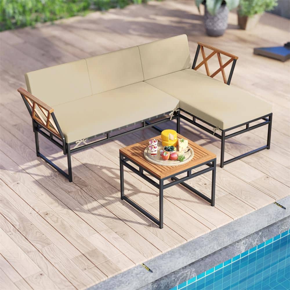 3-Piece Acacia Wood Patio Conversation Set with Beige Cushions
