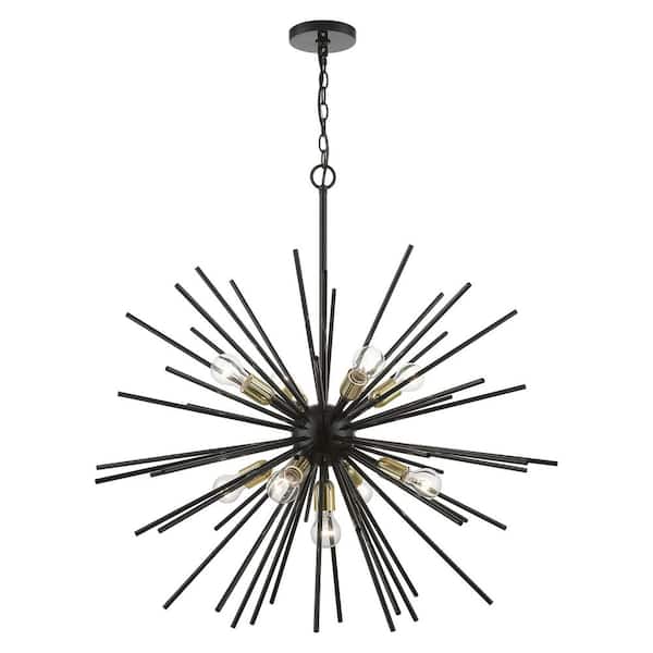 AVIANCE LIGHTING Ackard 9-Light Shiny Black Foyer Pendant Chandelier with Polished Brass Accents and Iron Pipe Rods
