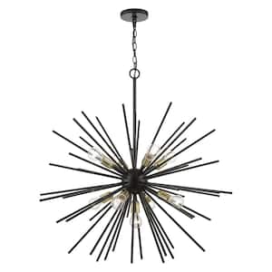 Tribeca 9-Light Shiny Black Foyer Pendant Chandelier with Polished Brass Accents and Iron Pipe Rods