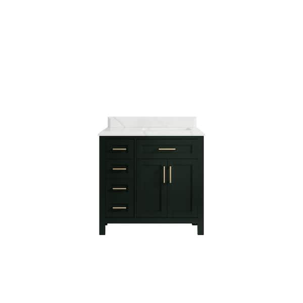 Willow Collections Cambridge 36 in. W x 22 in. D x 36 in. H Right Offset Sink Bath Vanity in Dark Green with Cove Edge Calacatta Quartz Top