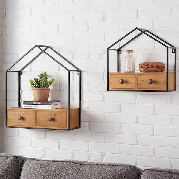 StyleWell Wood and Black Metal Wall-Mount Bookshelf with 2 Drawers (Set of 2)