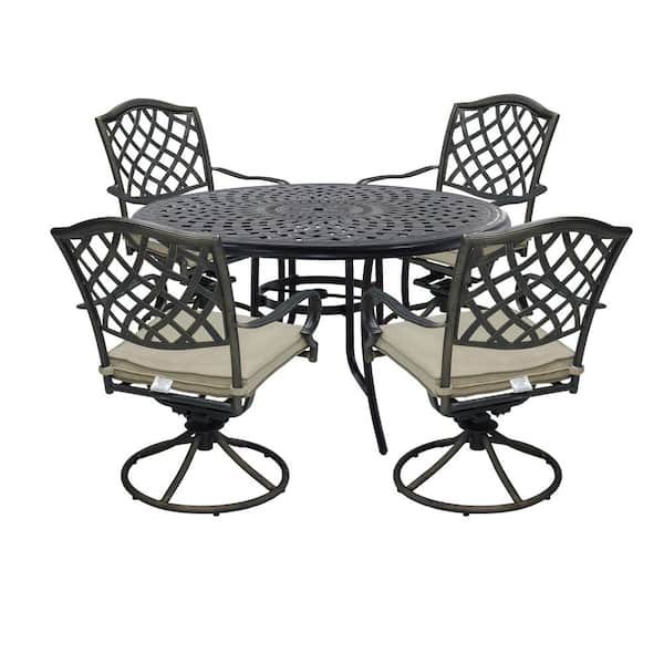 Clihome Bronze 5-Piece Aluminum Outdoor Dining Set with Beige Cushions