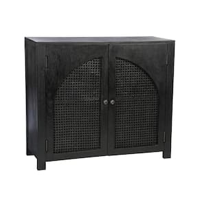 Selena Matte Black 35 in. Height Solid Wood Storage Cabinet with Arched Woven Doors