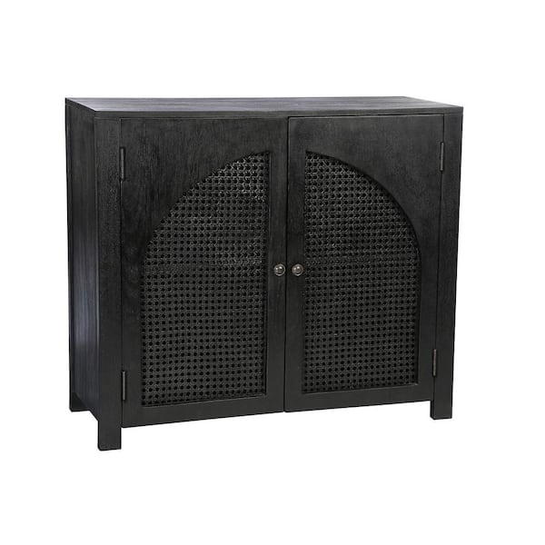 East At Main Selena Matte Black 35 in. Height Solid Wood Storage Cabinet with Arched Woven Doors