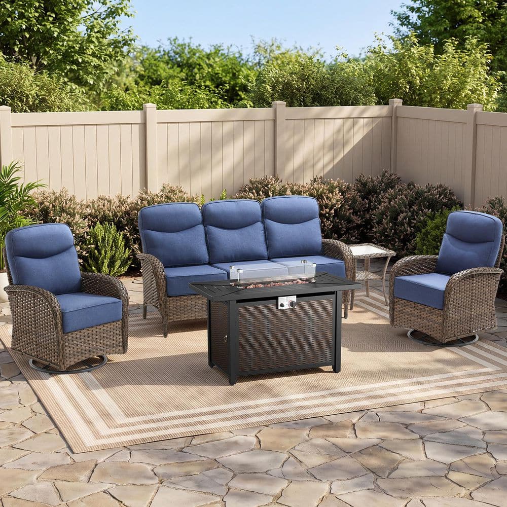 Goyal 5-Piece Wicker Patio Conversation Set with Fire Pit, Outdoor Swivel Furniture Sets with 6 in. Cushions in Blue price history on PriceWatchPro