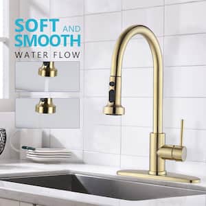 ABAD Single Handle Deck Mount Gooseneck Pull Down Sprayer Kitchen Faucet with Deckplate in Brushed gold