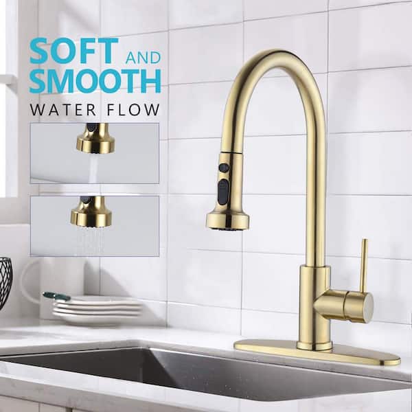 ABAD Single Handle Deck Mount Gooseneck Pull Down Sprayer Kitchen Faucet with Deckplate in Brushed gold