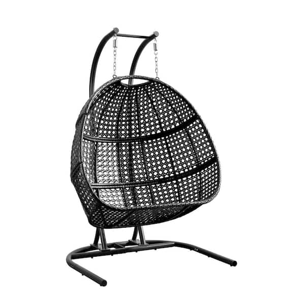 Blisstyle 48.8 in. Seats 2-People Metal Patio PE Rattan Double Swing Chair With Stand, Two Person Hanging Chair for Balcony