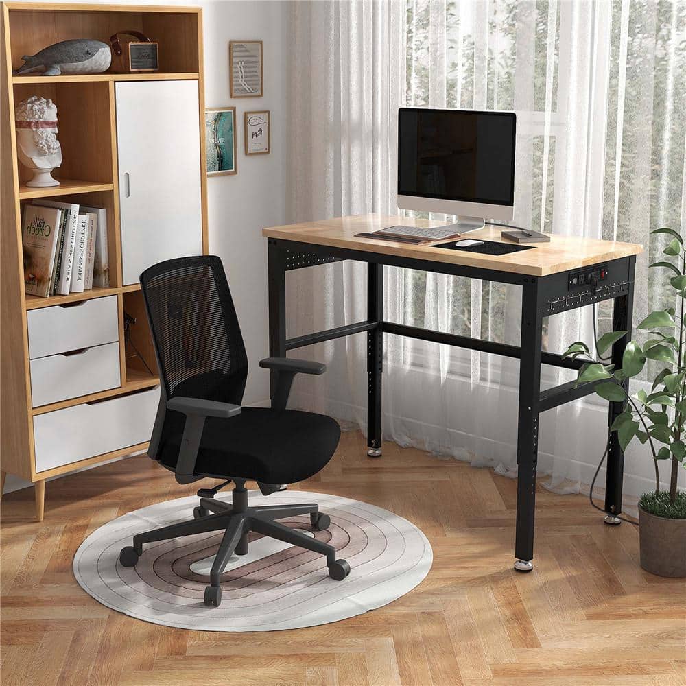 48'' Adjustable Oak Wood Top Workbench with Steel Frame and Power Outlets