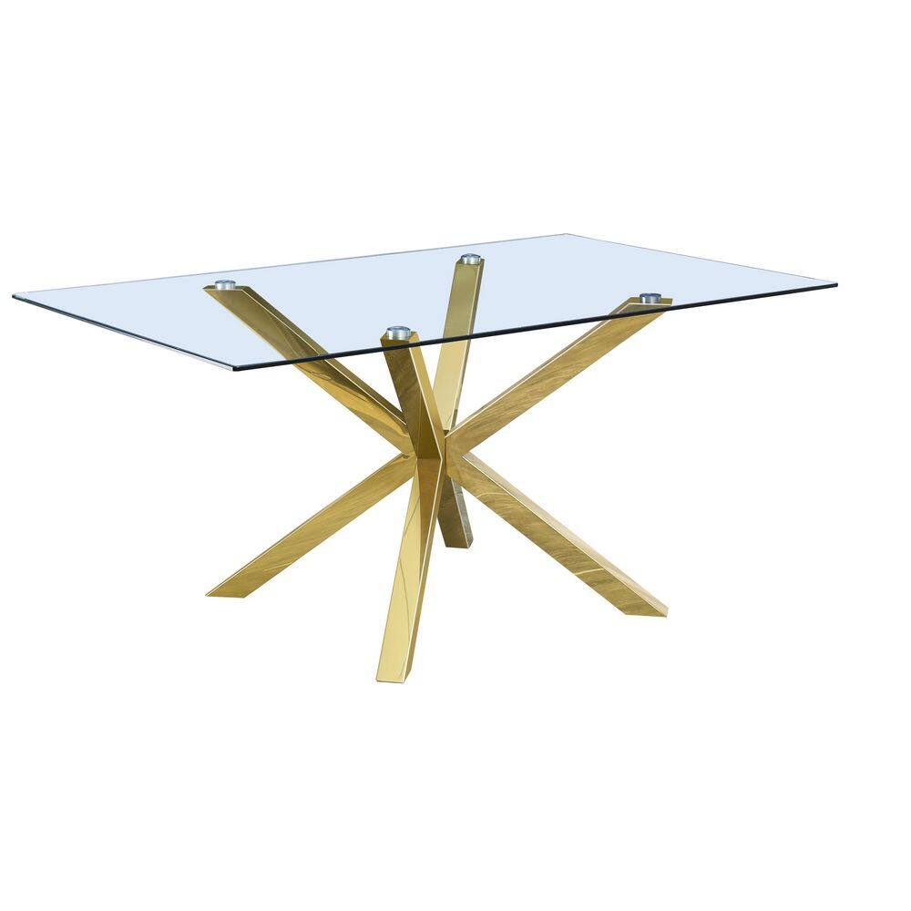 63" x 39" Clear Glass Dining Set with Gold Base and Beige Velvet Chairs