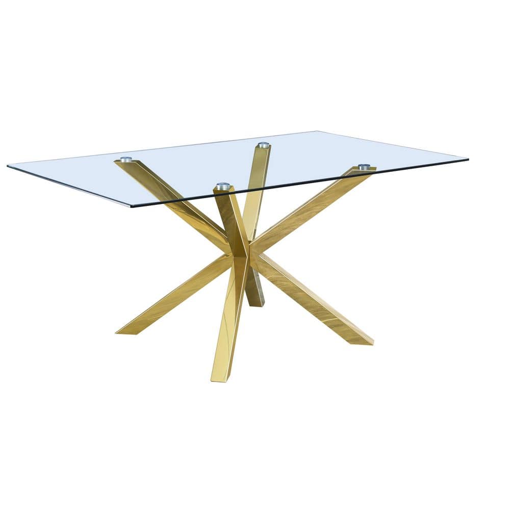 63" Rectangular Clear Glass Dining Set with Beige Velvet Chairs and Gold Base