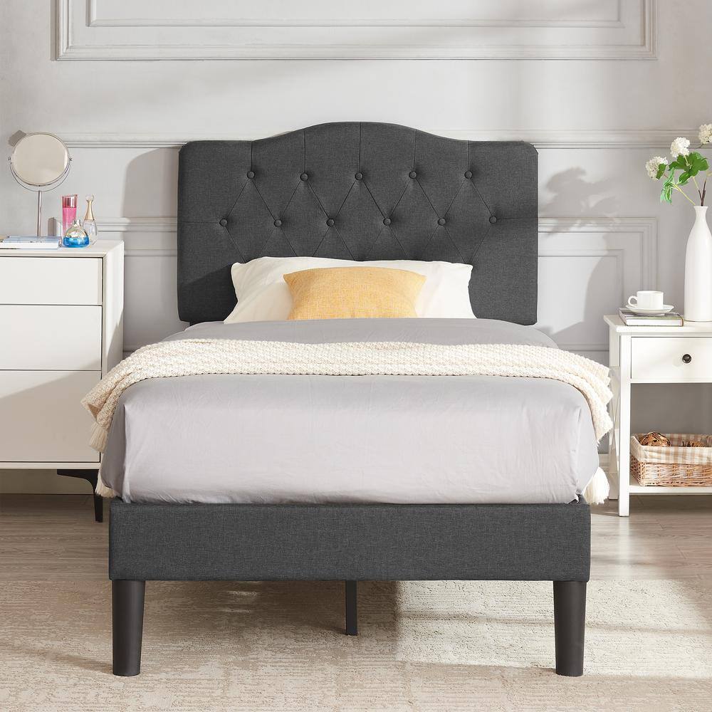 VECELO Upholstered Platform Bed with ButtonTufted Headboard Wood Slat Support Easy Assembly