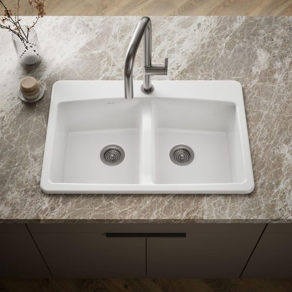 Brookfield Drop-In Cast Iron 33 in. 1-Hole Double Bowl Kitchen Sink in White