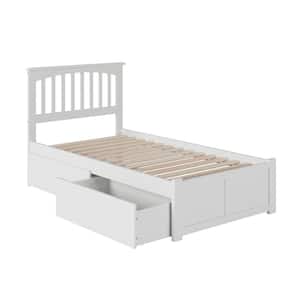 Mission White Twin Solid Wood Storage Platform Bed with Flat Panel Foot Board and 2 Bed Drawers