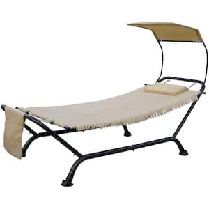 7.6 ft. Ailsa Outdoor Patio Hammock Bed with Stand, Pillow, Storage Pockets in Beige Canvas and Black Frame