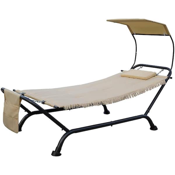KOZYARD 7.6 ft. Ailsa Outdoor Patio Hammock Bed with Stand, Pillow, Storage Pockets in Beige Canvas and Black Frame