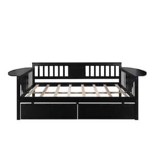 Espresso Full Size Wood Daybed with 2 Storage Darwers and Small Foldable Table, Dual Use Full Daybed Sofa Bed Frame