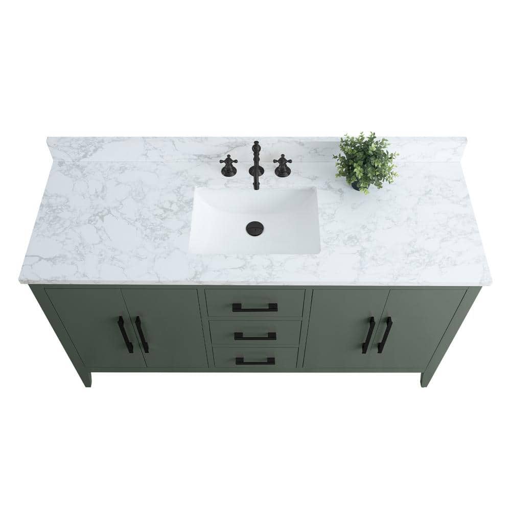 60'' Vintage Green MDF Single Sink Bathroom Vanity with White Marble Top