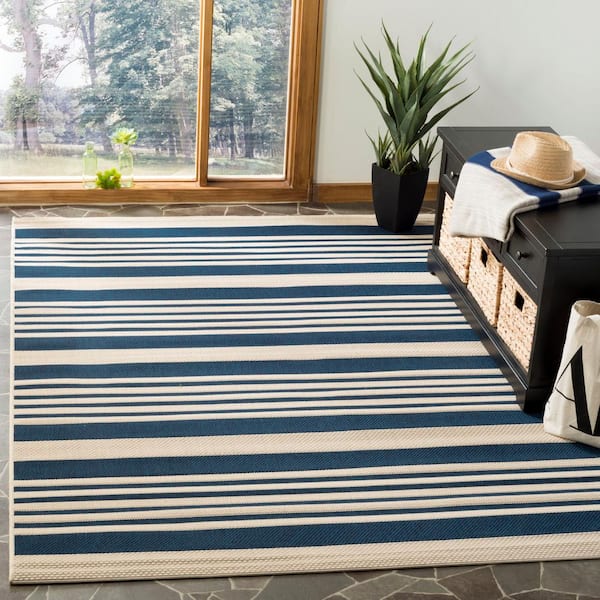Courtyard Navy/Beige 9 ft. x 12 ft. Striped Indoor/Outdoor Patio  Area Rug