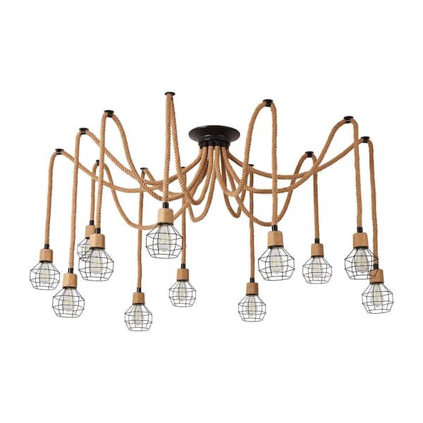 12-Light Jute Rope Industrial Pendant Light with Black Metal Wire Cages, No Bulbs Included