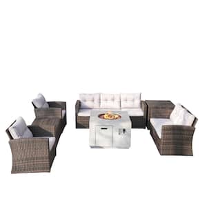 Sunny Brown 7-Piece Wicker Patio Conversation Set with Beige Cushions and Firepits Table