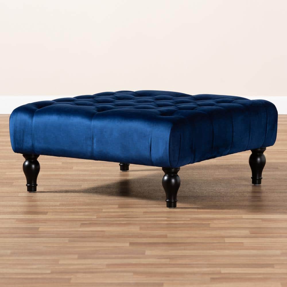 Keswick 36" Blue Velvet Tufted Ottoman with Eucalyptus Wood Base