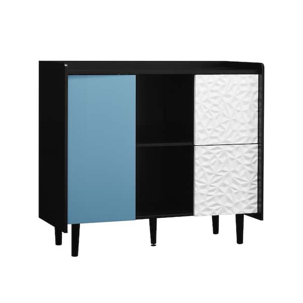 CSC DECOR INC Black MDF 15.74 in. Sideboard Buffet Cabinet Blue Doors 2 Drawers Unique Panel Styling and 2 Open Storage Compartment