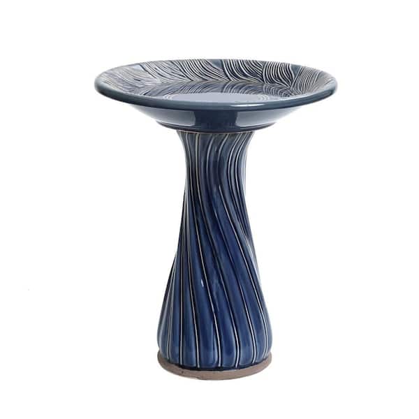 LuxenHome 22 in. Blue Leaves and Swirl Ceramic Birdbath