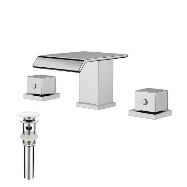 8 in. Widespread Double Handle Waterfall Bathroom Sink Faucet with Pop-up Drain Brass Vanity Taps in Polished Chrome