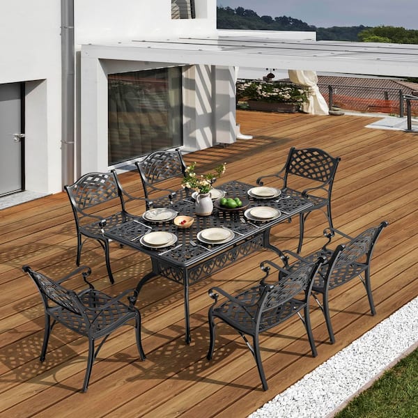 Black with Gold Speckles 7-Piece Cast Aluminum Outdoor Dining Set, 6-Patio Chairs and Dining Table with Umbrella Hole