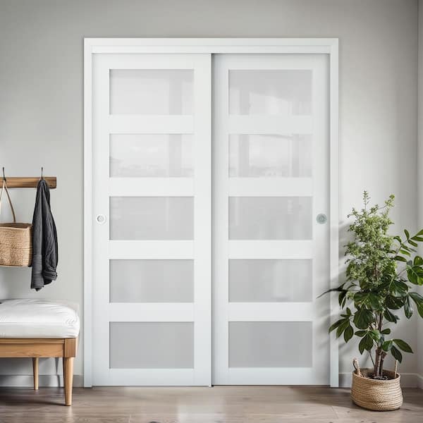 60 in. x 78.58 in. 5-Lite Frosted Glass White MDF Closet Sliding Door with Hardware Kit