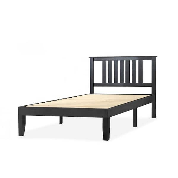 Marley 38 in. W x 14 in. H Ebony Black Twin Solid Wood Platform Bed with Paneled Headboard