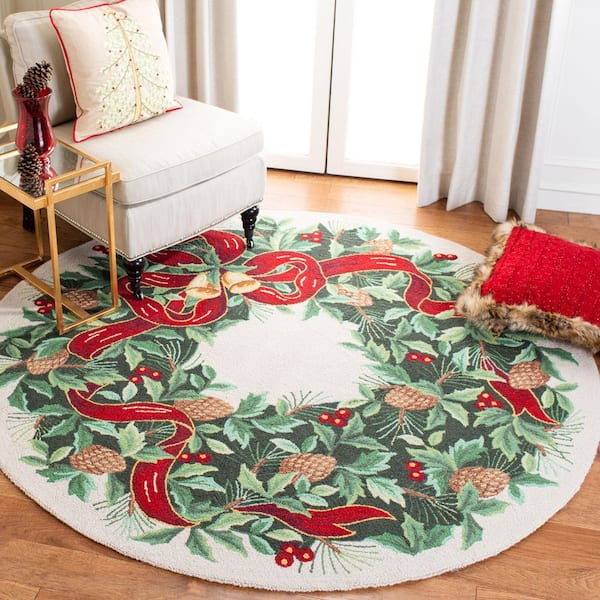 Vintage Posters 7 ft. x 7 ft. Round Ivory/Green Holiday Wreath Area Rug